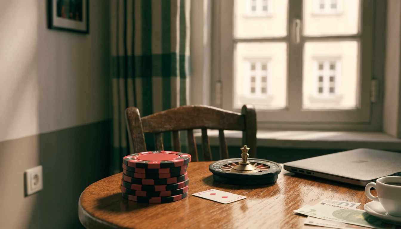 Holztisch mit Casino-Chips, Spielkarte und Roulette in einer modernen deutschen Wohnung