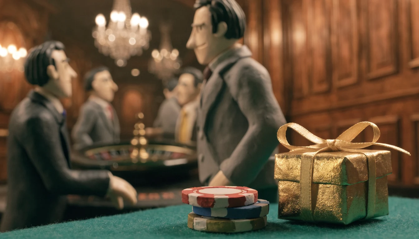 Stapel Casino-Chips auf grünem Filz mit goldenem Geschenkkarton in elegantem Spielsaal