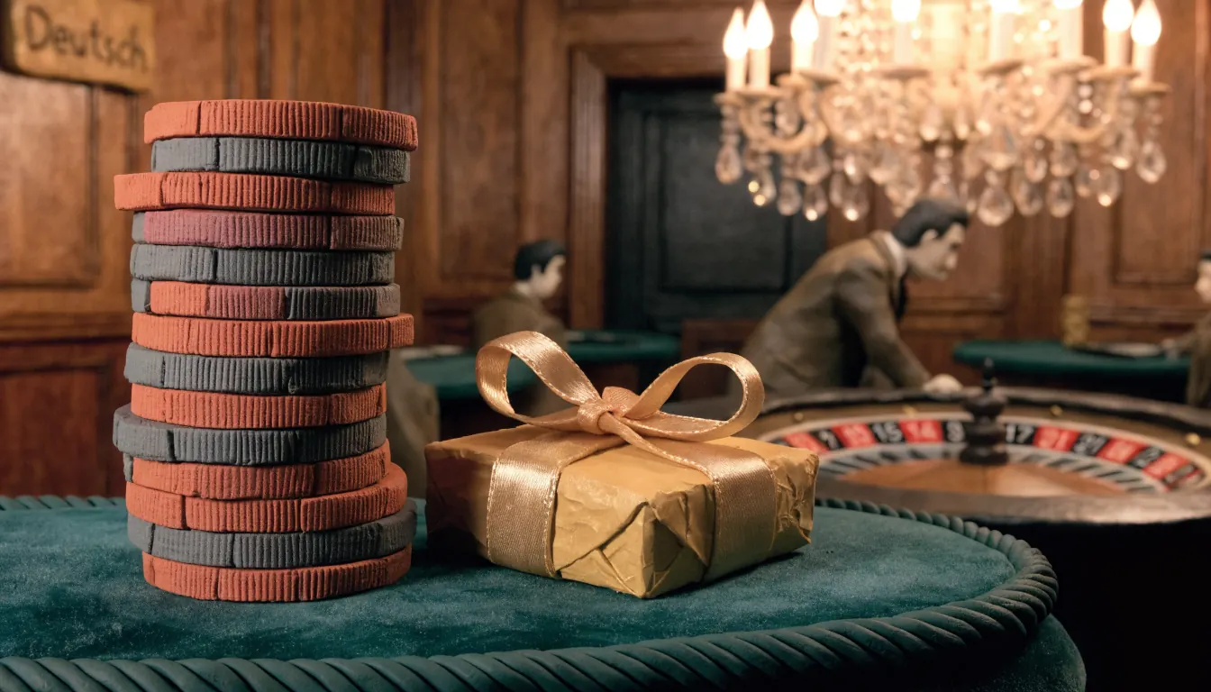 Casino-Chips auf einem Spieltisch mit Geschenkbox und Roulette-Rad im Hintergrund