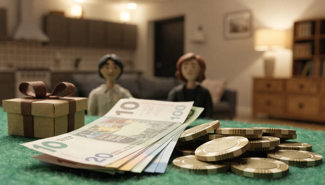 Euro-Scheine und Casino-Chips auf grünem Filz mit Geschenkbox