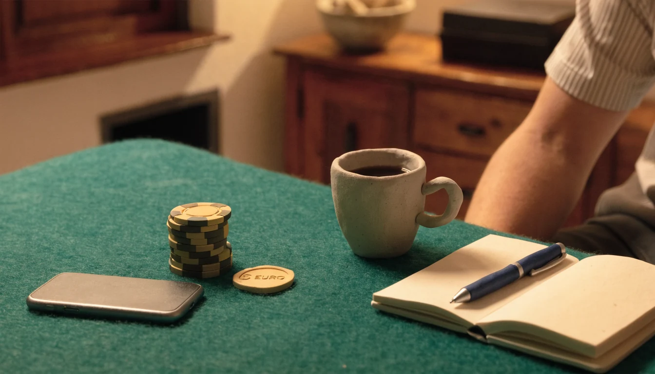 Casino-Chips und ein 5-Euro-Stück auf grünem Spieltisch mit Smartphone in deutscher Wohnung.