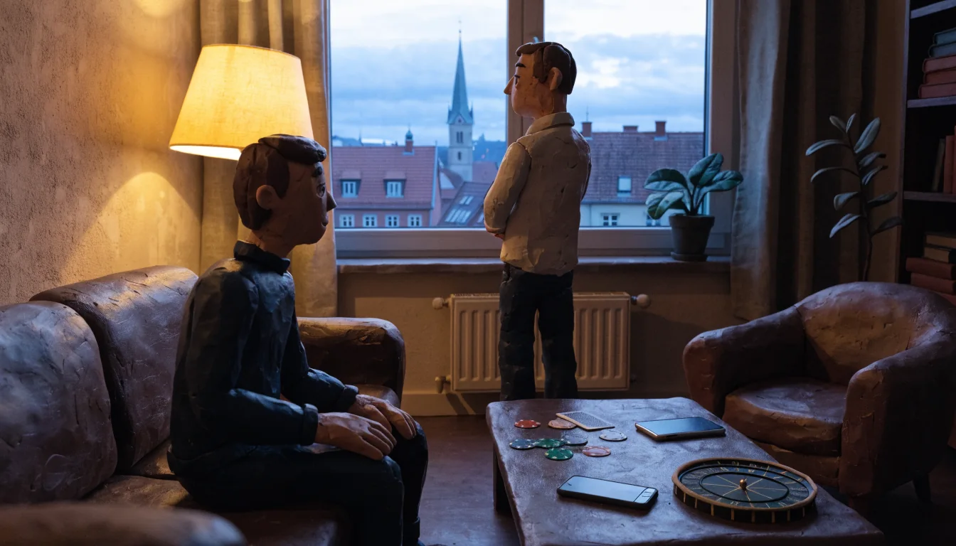 Modernes deutsches Wohnzimmer mit Casino-Zubehör auf dem Tisch bei Abendlicht