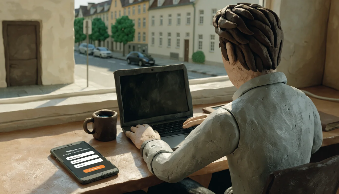 Spieler am Laptop mit Smartphone und Bank-App auf dem Schreibtisch