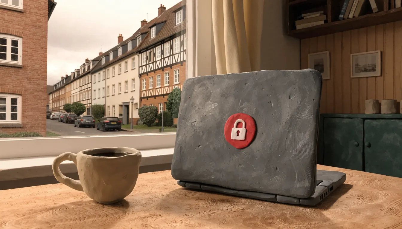Geschlossener Laptop mit Schlosssymbol auf einem Schreibtisch in einem deutschen Homeoffice.