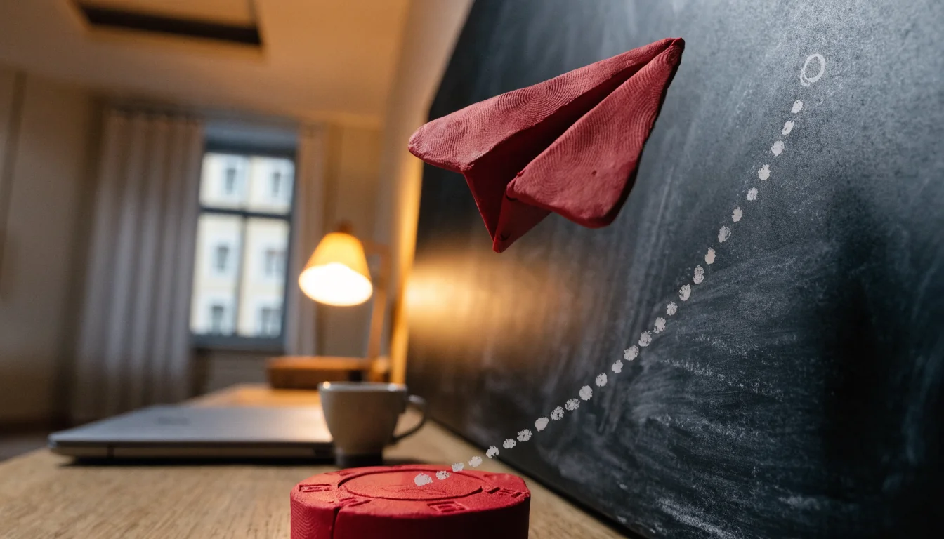 Rote Papierflieger über ansteigender Linie mit Casino-Chip auf Tisch