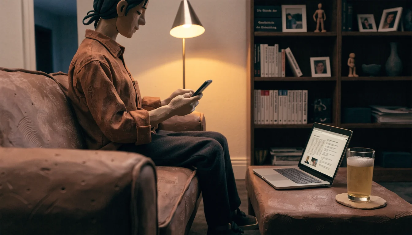 Abendliche Szene in einem deutschen Wohnzimmer mit Smartphone und Laptop.