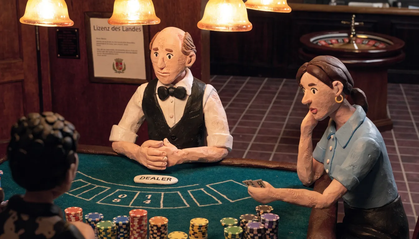 Edel Blackjack-Tisch mit Jetons und Roulette in deutschem Casino-Saal