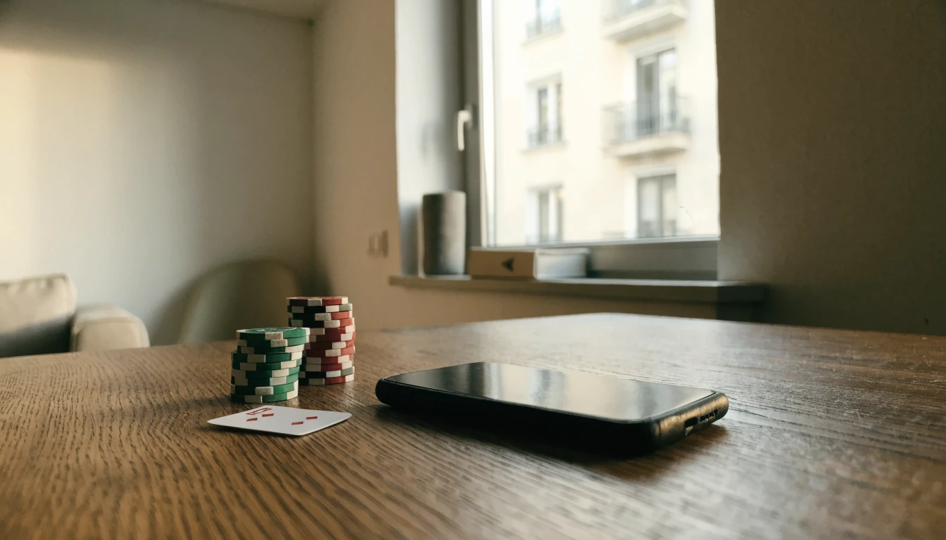 Smartphone mit Casino-Chips und Spielkarte auf einem Holztisch