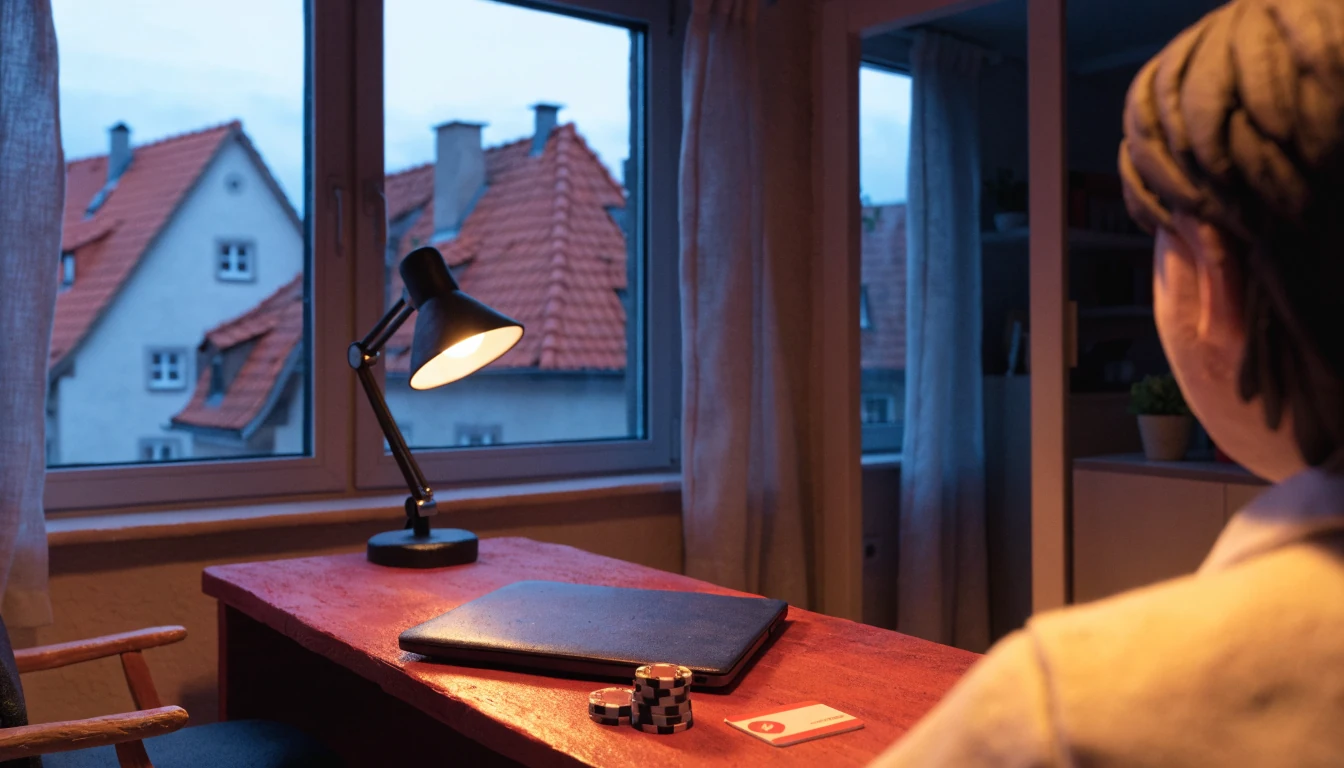 Abendlicher Schreibtisch in deutscher Wohnung mit Casino-Chips, Karte und geschlossenem Laptop am Fenster.
