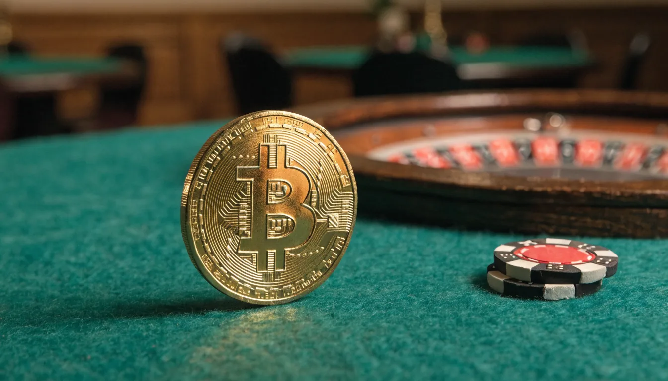 Goldene Bitcoin-Münze auf Spieltisch mit Casino-Chips und Roulette im Hintergrund