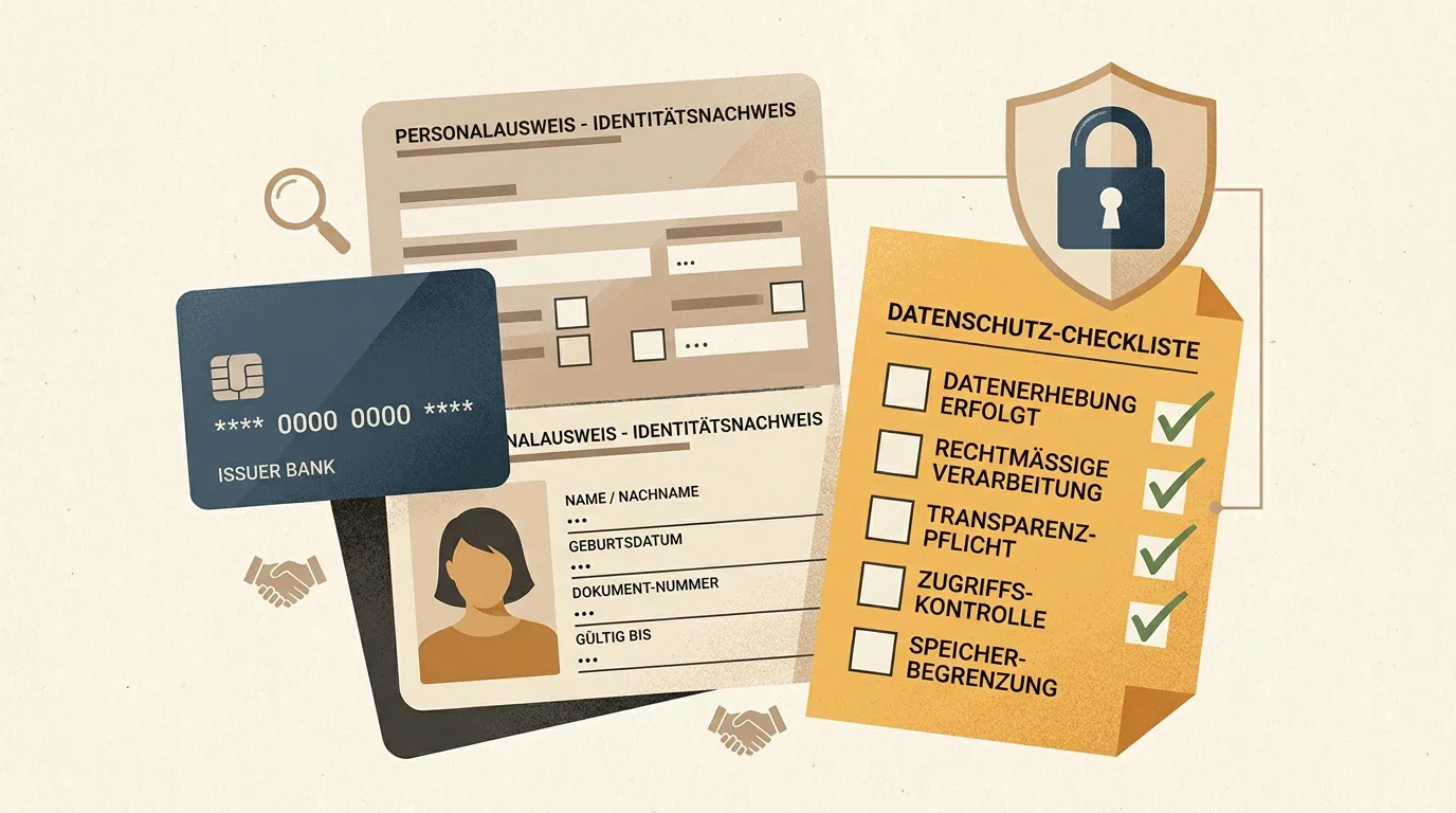 Neutrale Darstellung von Zahlungskarte, Identitätsdokument und Datenschutz-Checkliste